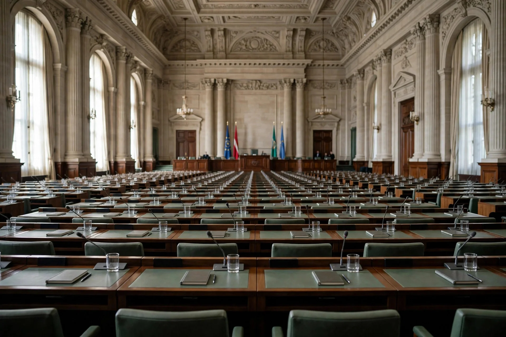 Grand European diplomatic assembly hall with rows of delegate desks