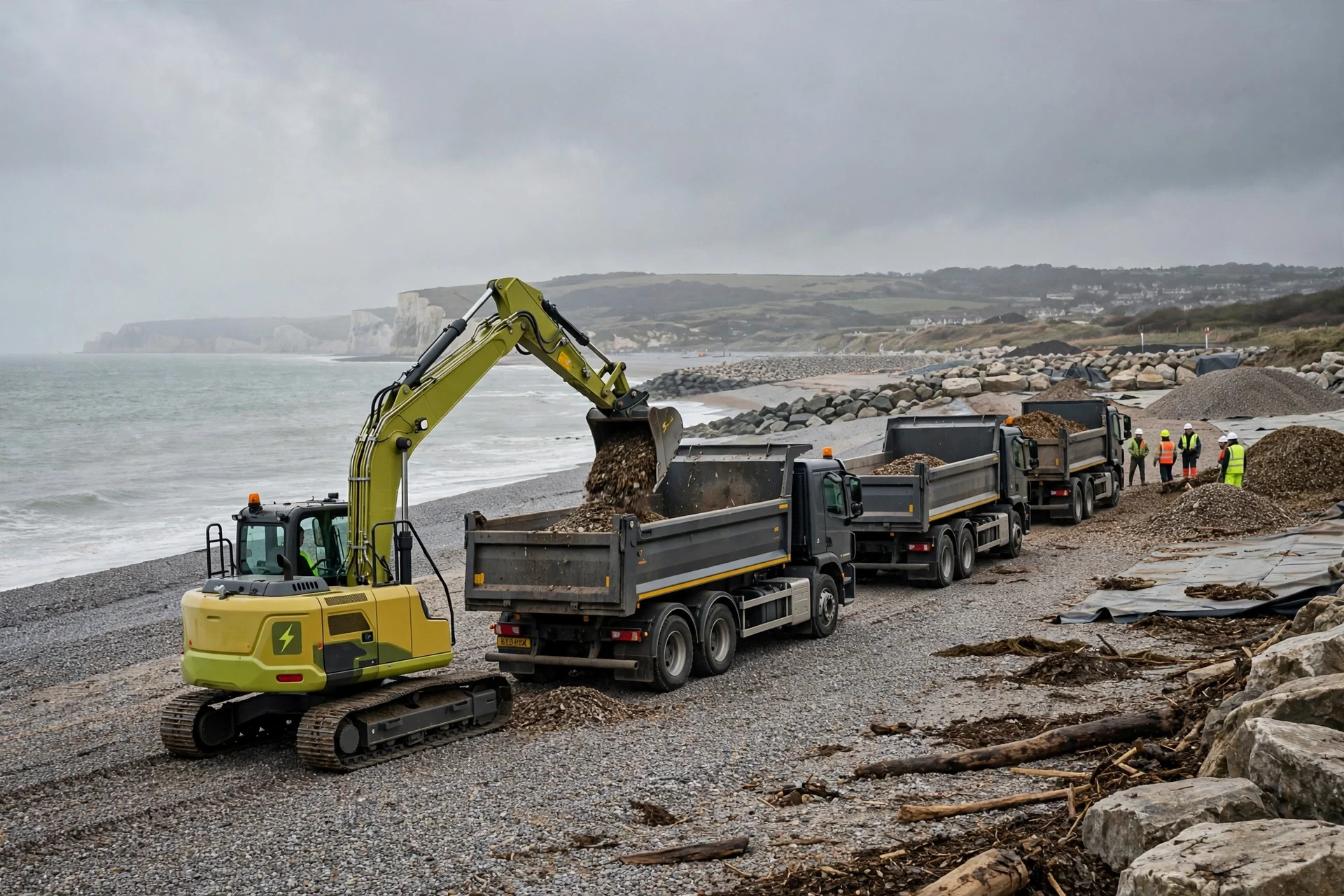 Excavadora eléctrica amarilla carga guijarros en un camión volquete en una playa de Sussex con el mar y acantilados al fondo