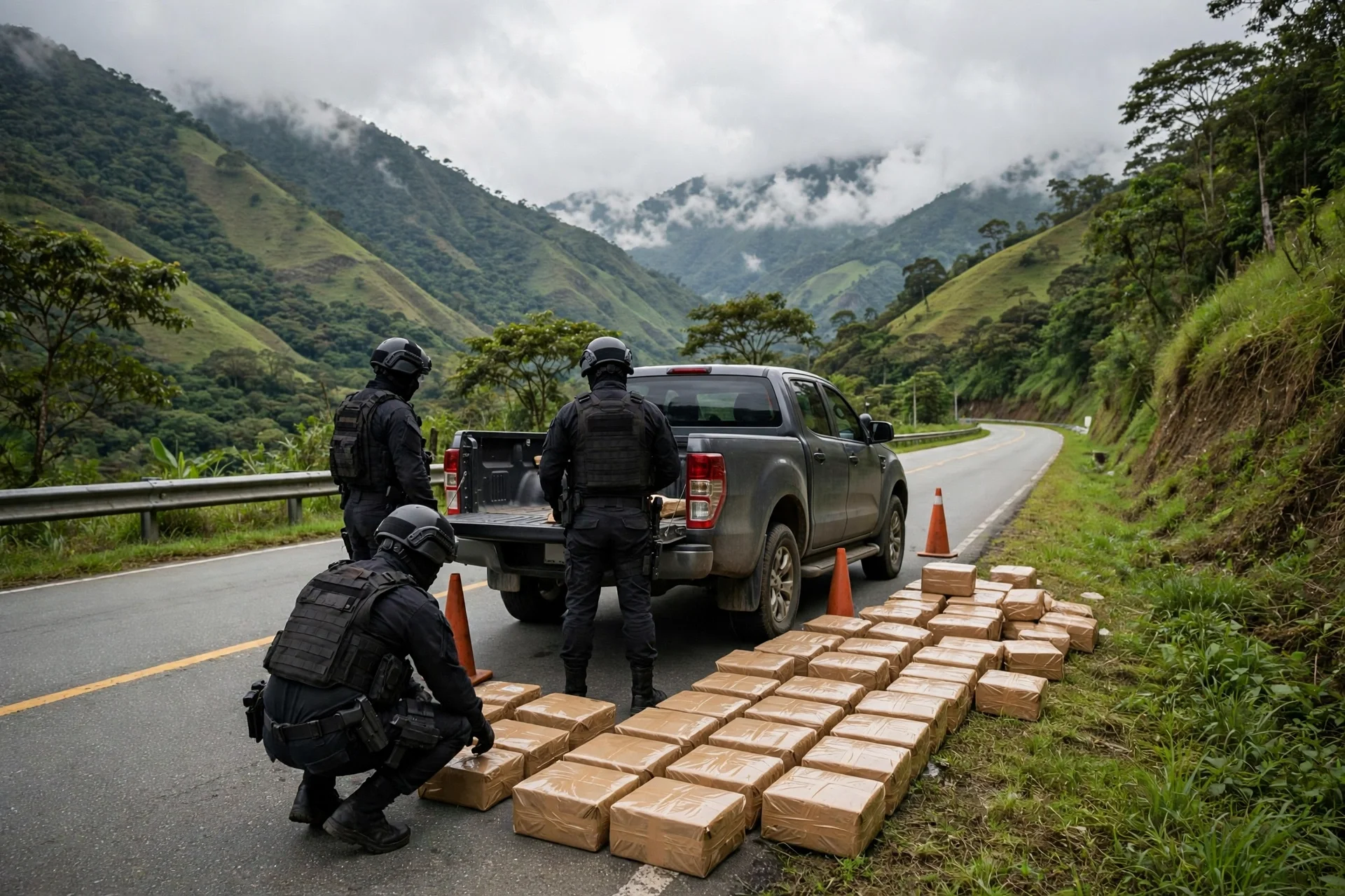 Operativo policial en una carretera de montaña en Colombia con paquetes incautados junto a una camioneta