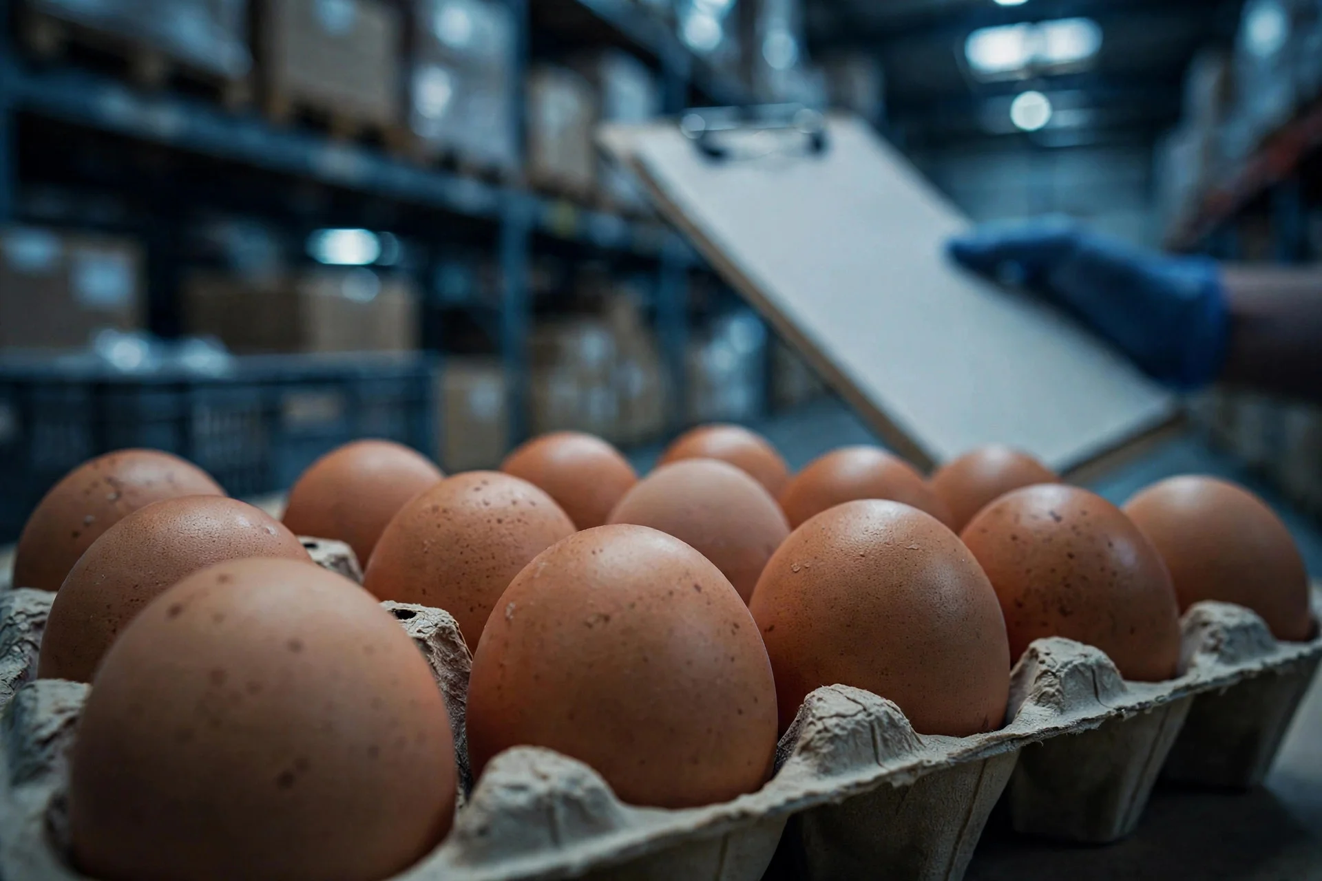 Brown eggs in a cardboard carton inside a wholesale warehouse, with a gloved hand holding a clipboard out of focus in the background