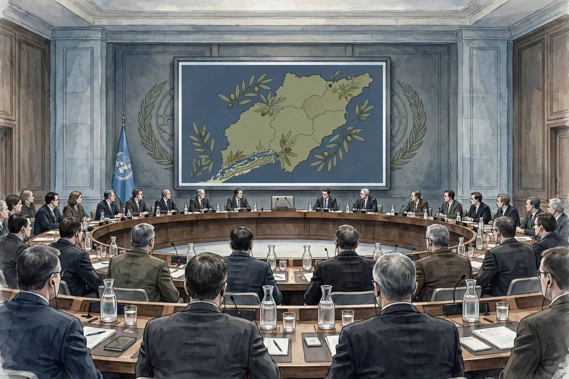 Ilustración de la sala del Consejo de Seguridad de la ONU con delegados de espaldas y un mapa abstracto de Gaza y Cisjordania con olivos en pantalla