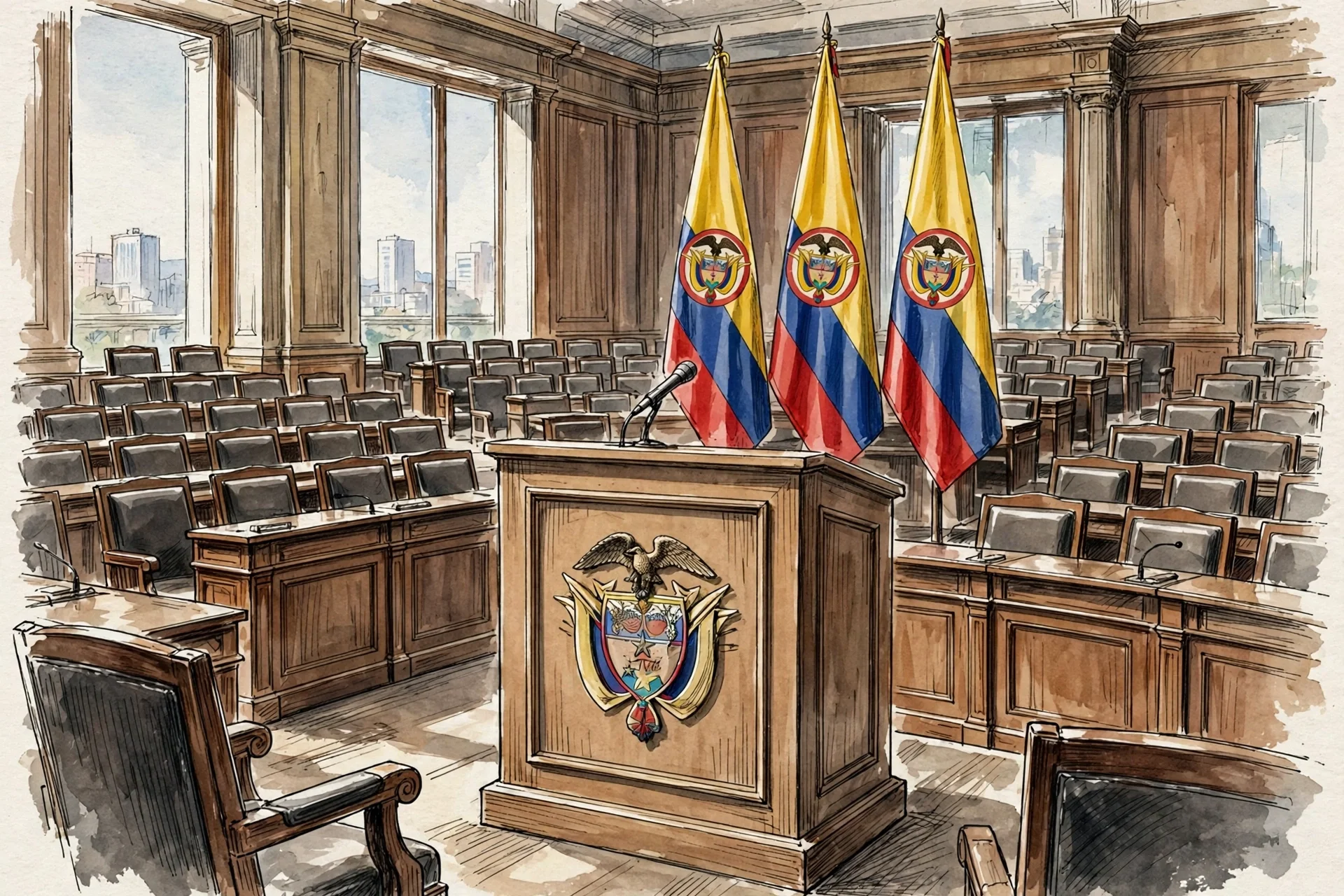 Ilustración de una sala de congreso en Colombia con un podio y banderas colombianas