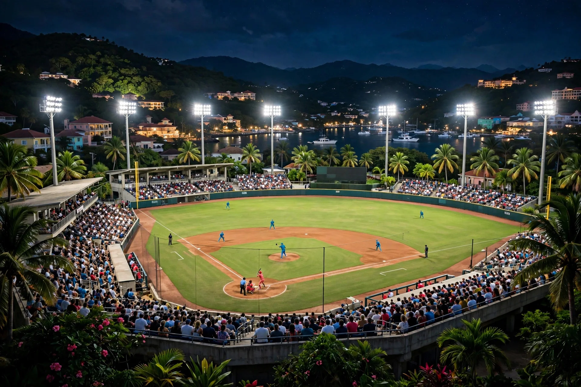 Estadio de béisbol caribeño de noche, con el partido en curso bajo las luces y el público en las gradas