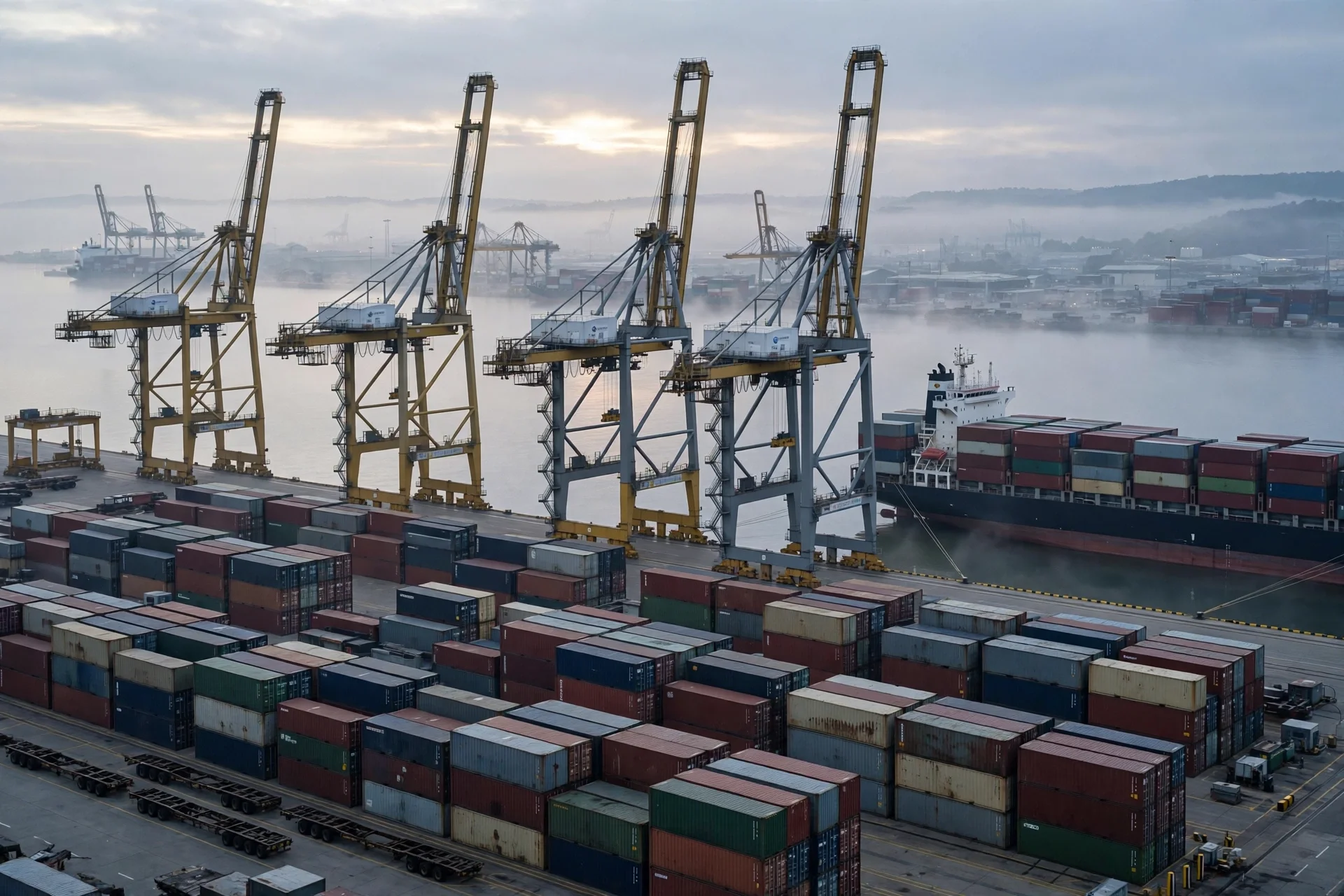 Puerto comercial con grúas amarillas, contenedores apilados y un buque carguero atracado al amanecer junto al agua