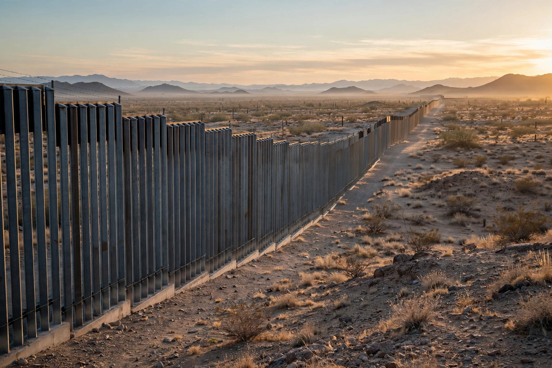 Muro fronterizo de acero extendiéndose por el desierto al amanecer