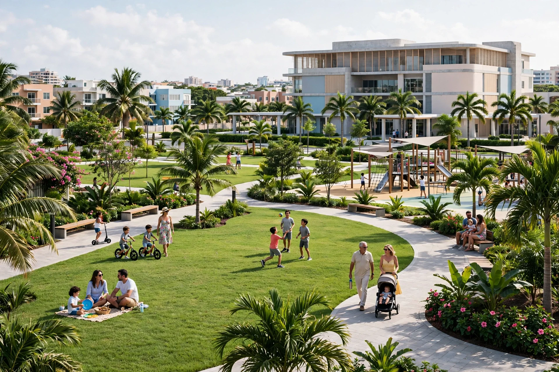 Parque urbano tropical nuevo con césped, palmeras y familias junto a un edificio moderno en Santo Domingo Oeste