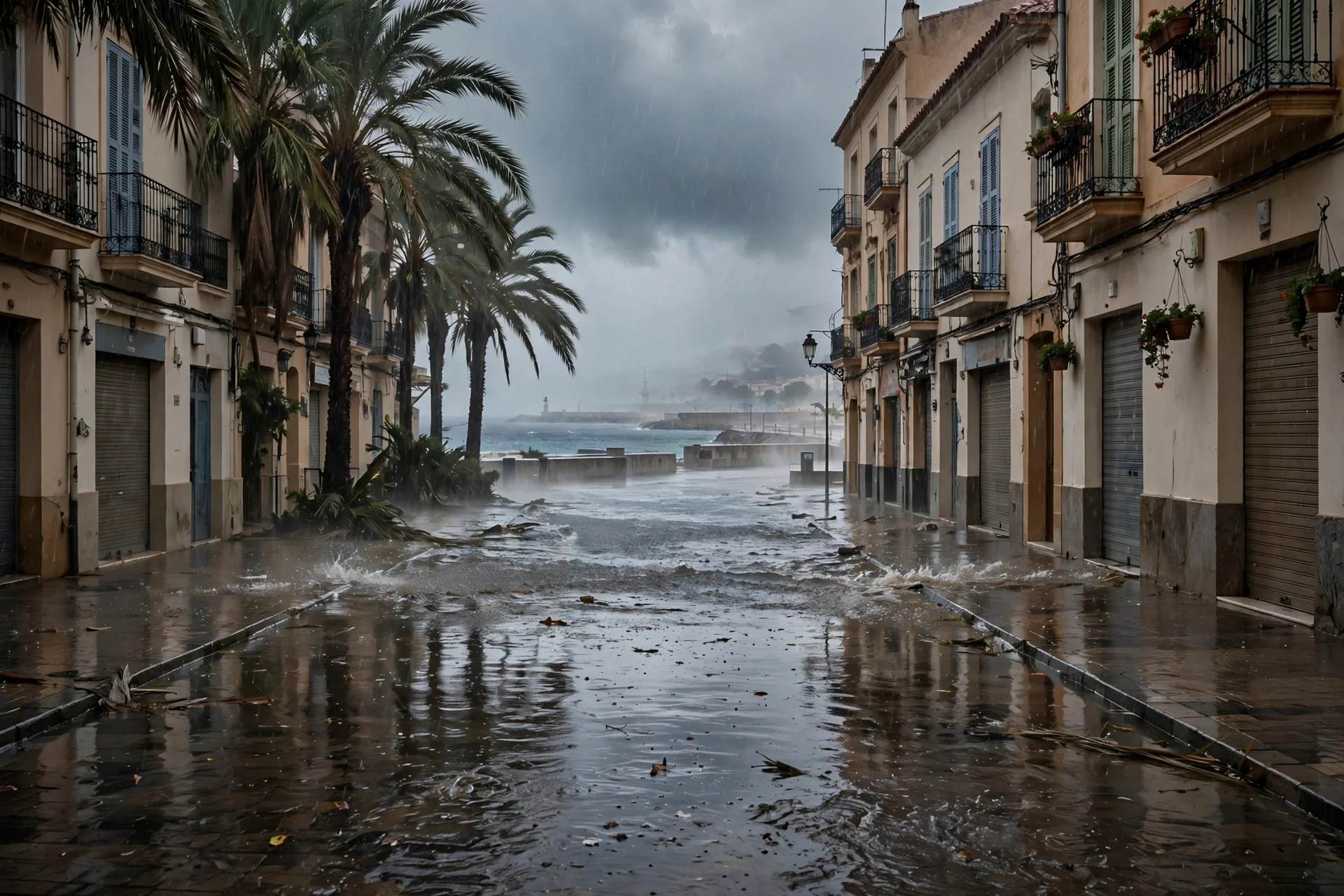 Calle costera valenciana anegada bajo lluvia intensa, con agua acumulada y el mar al fondo