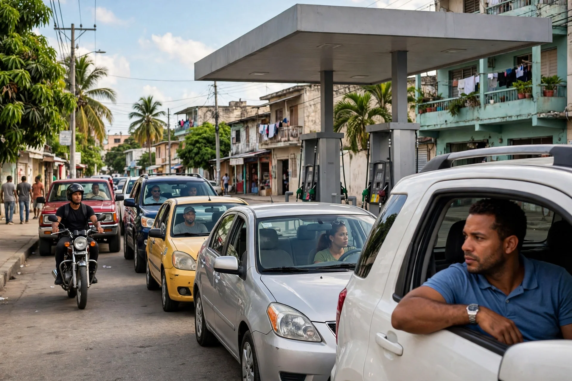 Fila de vehículos y conductores esperando en una estación de combustible en una calle urbana de Santo Domingo