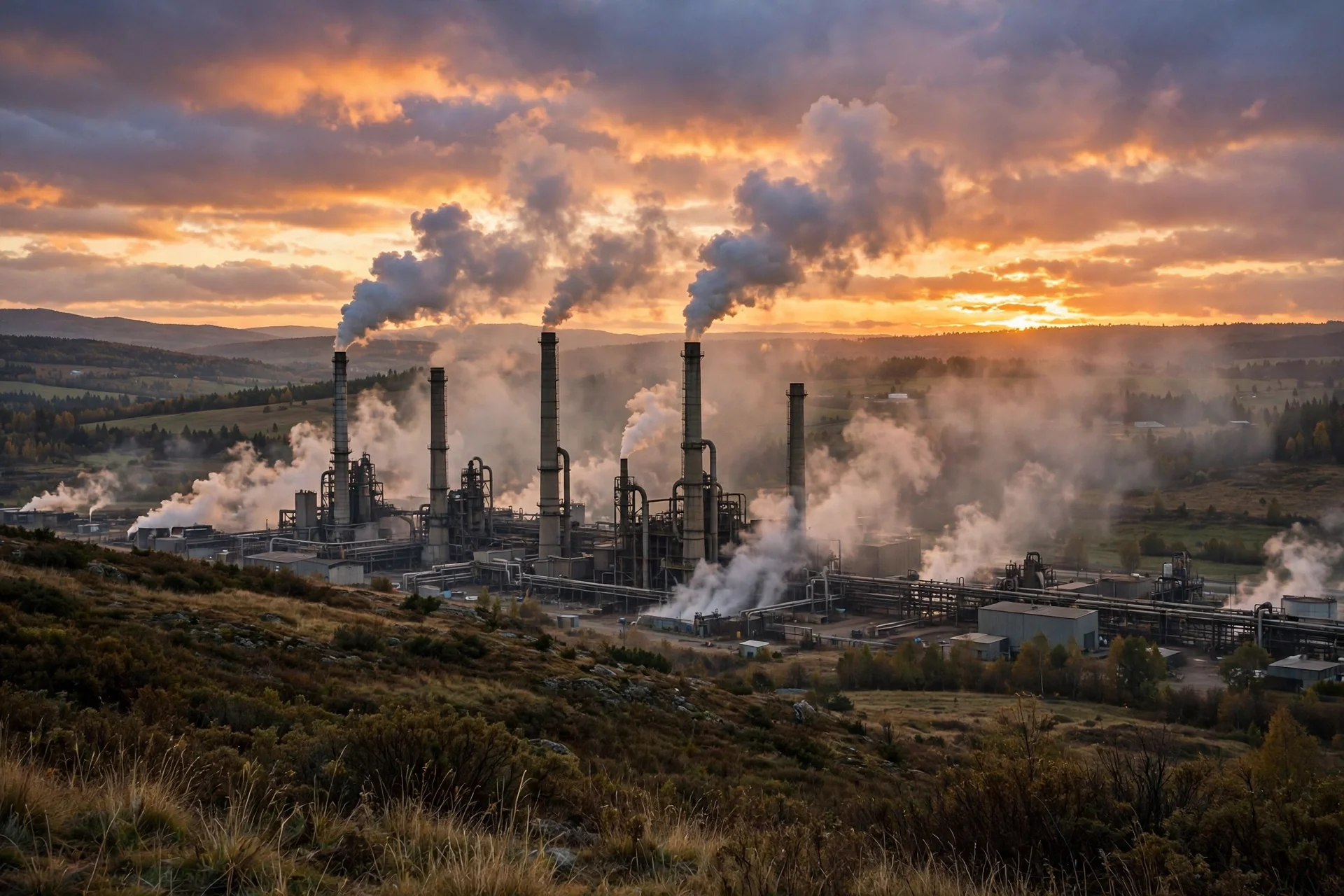 Planta industrial con cinco chimeneas altas que emiten columnas de humo sobre colinas al atardecer, con el cielo nublado en tonos naranjas