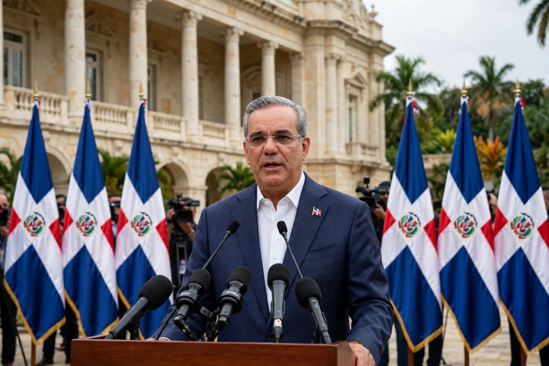 Rueda de prensa presidencial en República Dominicana con banderas y micrófonos