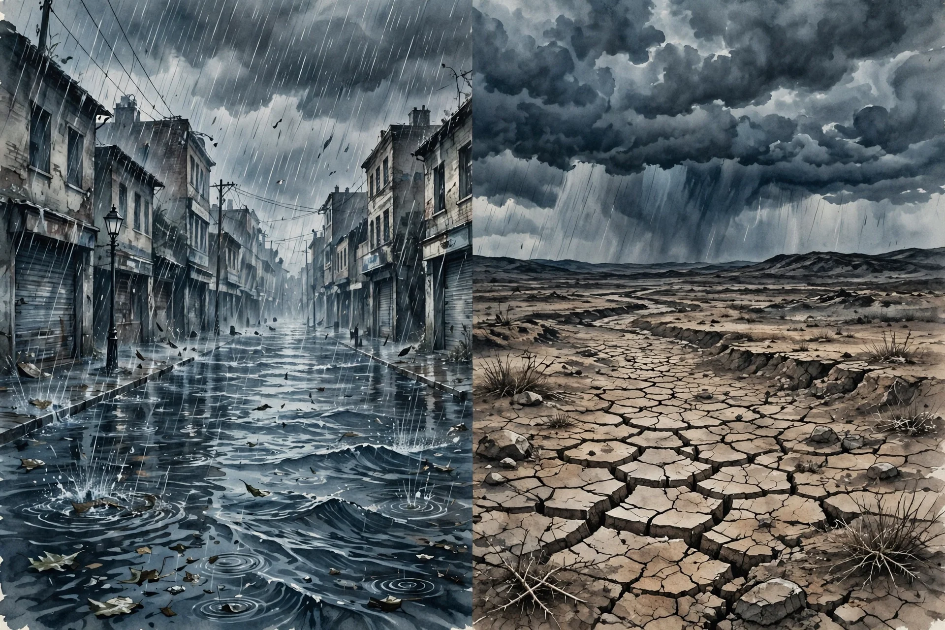 Ilustración editorial dividida: calle inundada bajo la lluvia a la izquierda y tierra agrietada por la sequía a la derecha, bajo un cielo tormentoso.