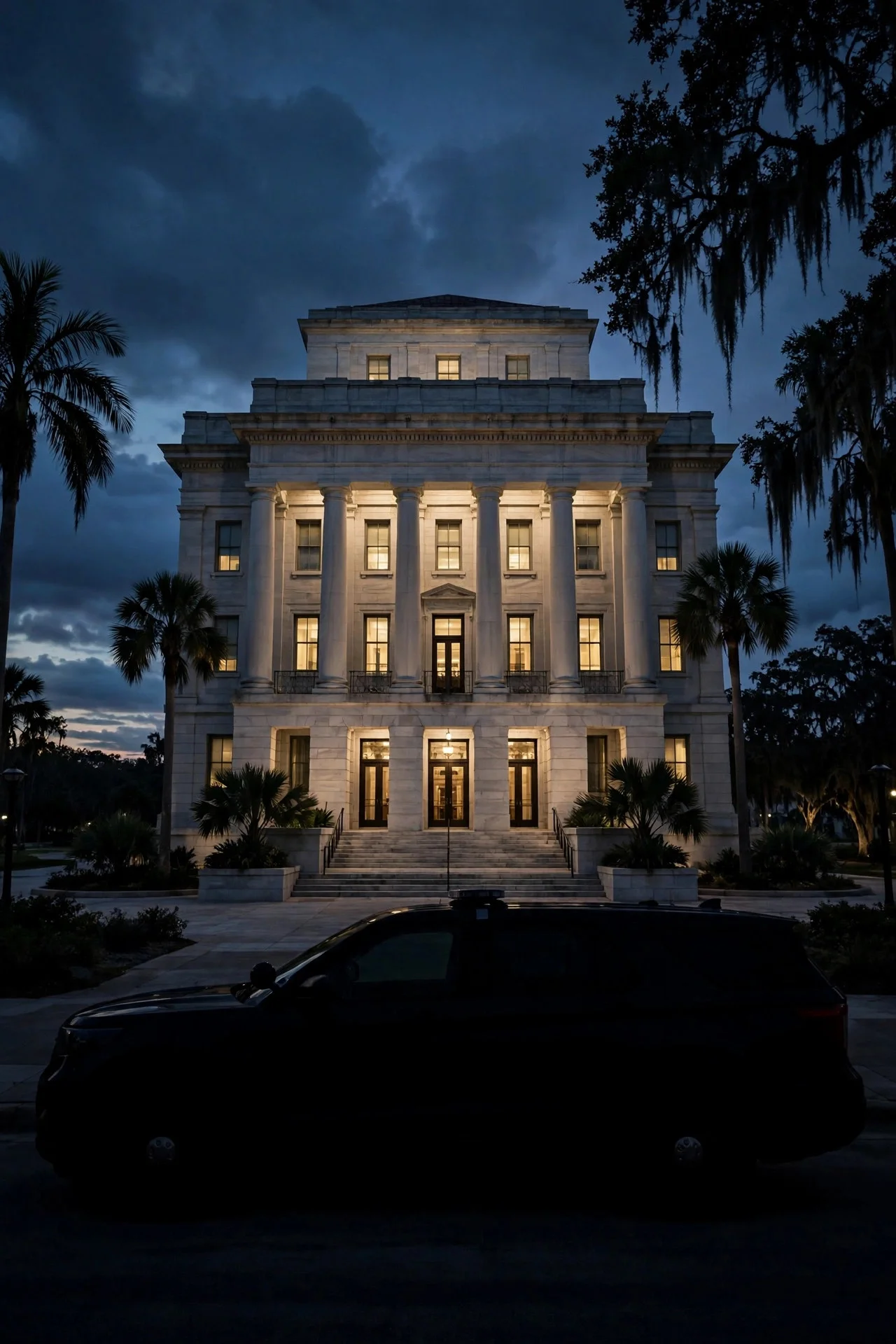 Fachada iluminada de un tribunal federal en Florida al anochecer, con la silueta de un vehículo patrulla en primer plano y palmeras a los lados