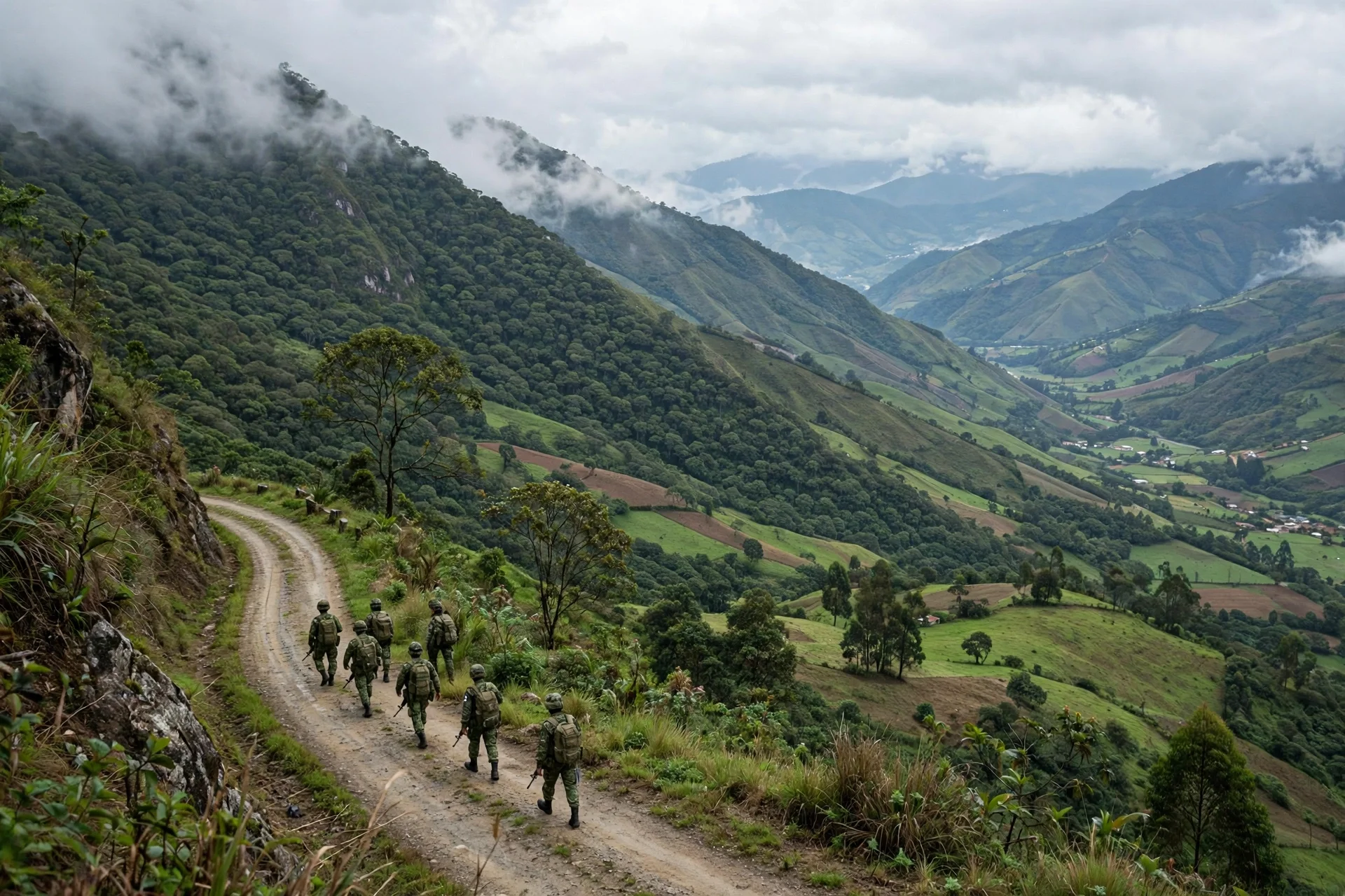 Soldados del Ejército de Colombia patrullando una vía rural de montaña en Norte de Santander