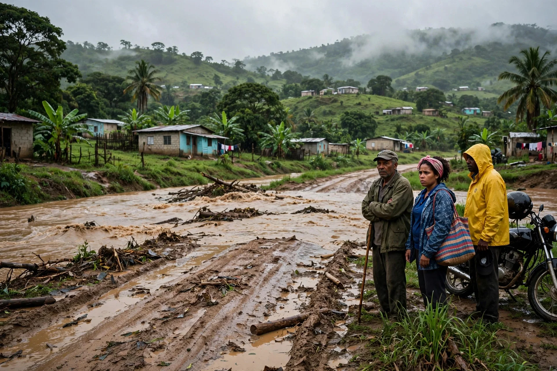 Un camino rural de lodo cruzado por un rio crecido, con residentes y una motocicleta esperando a la orilla y casas entre colinas verdes