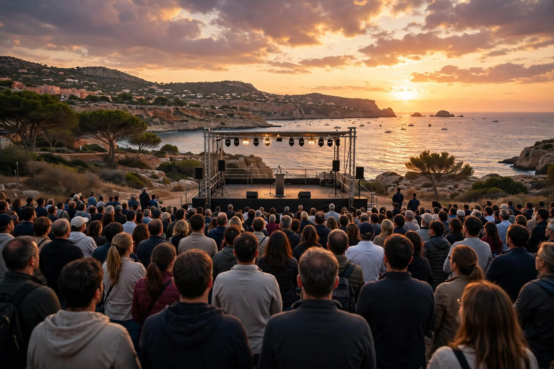 Público de espaldas frente a un escenario al aire libre al atardecer, con el mar y la costa al fondo