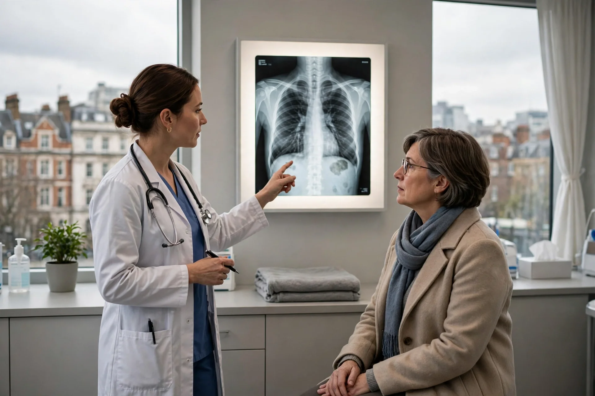 Una médica muestra una radiografía de tórax a una paciente en una clínica de Londres con ventanales a la calle
