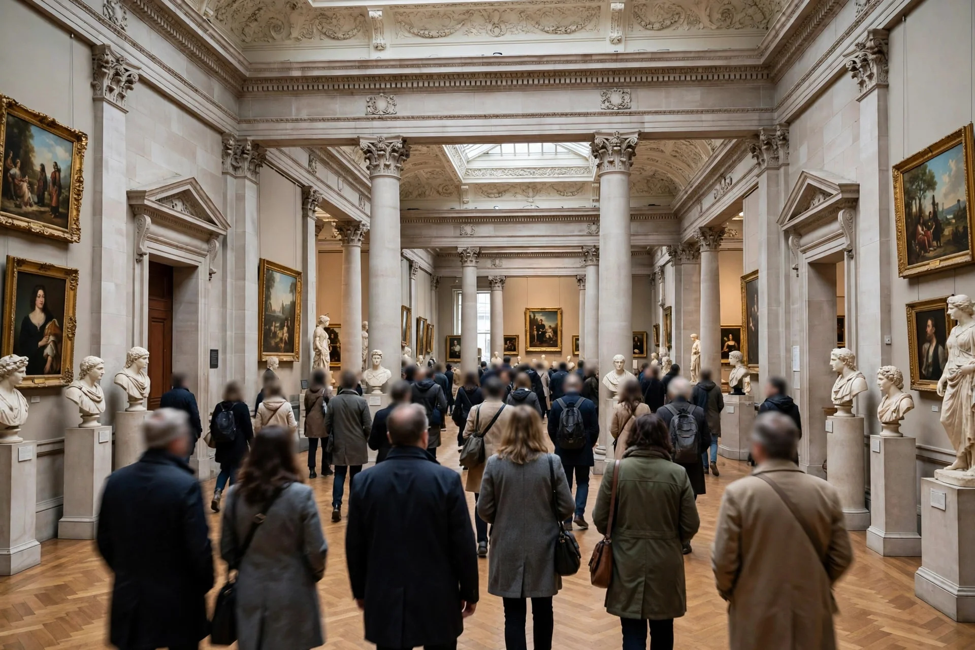 Sala clásica de museo en Liverpool con columnas, cuadros enmarcados, bustos de mármol y visitantes de espaldas recorriendo la galería.