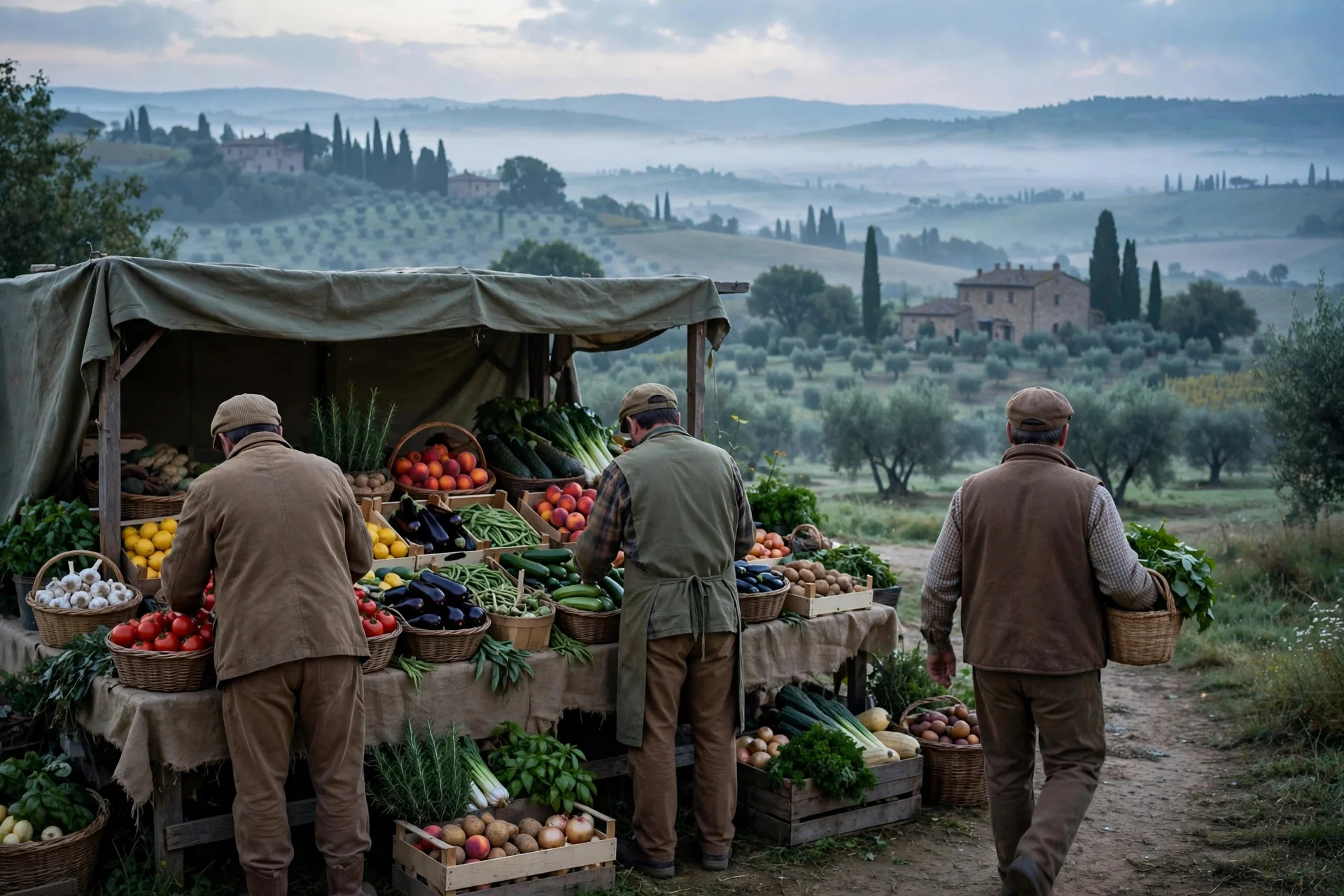 Mercado campesino al amanecer en un campo italiano con puestos de productos locales y agricultores de espaldas