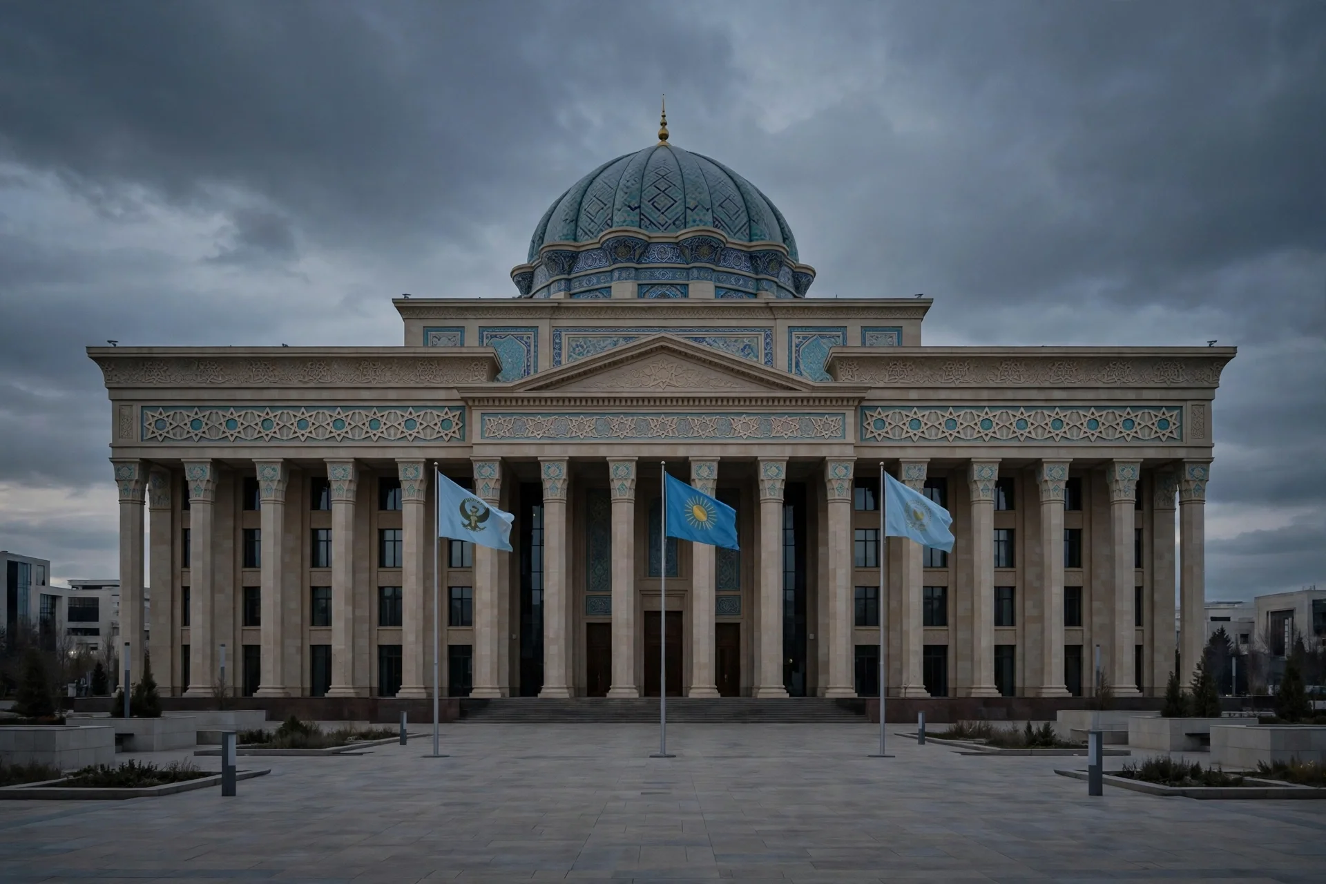 Ilustración editorial generada por IA: edificio gubernamental de estilo centroasiático con cúpula de azulejos azules y columnas de piedra, tres banderas estilizadas en el exterior bajo un cielo nublado gris; sin texto legible ni personas