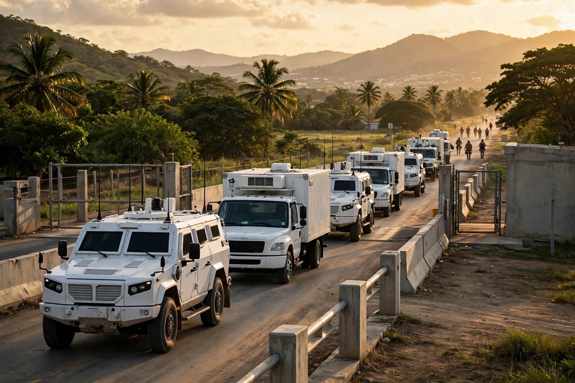 Convoy blanco de una fuerza internacional cruzando un paso fronterizo caribeño al atardecer