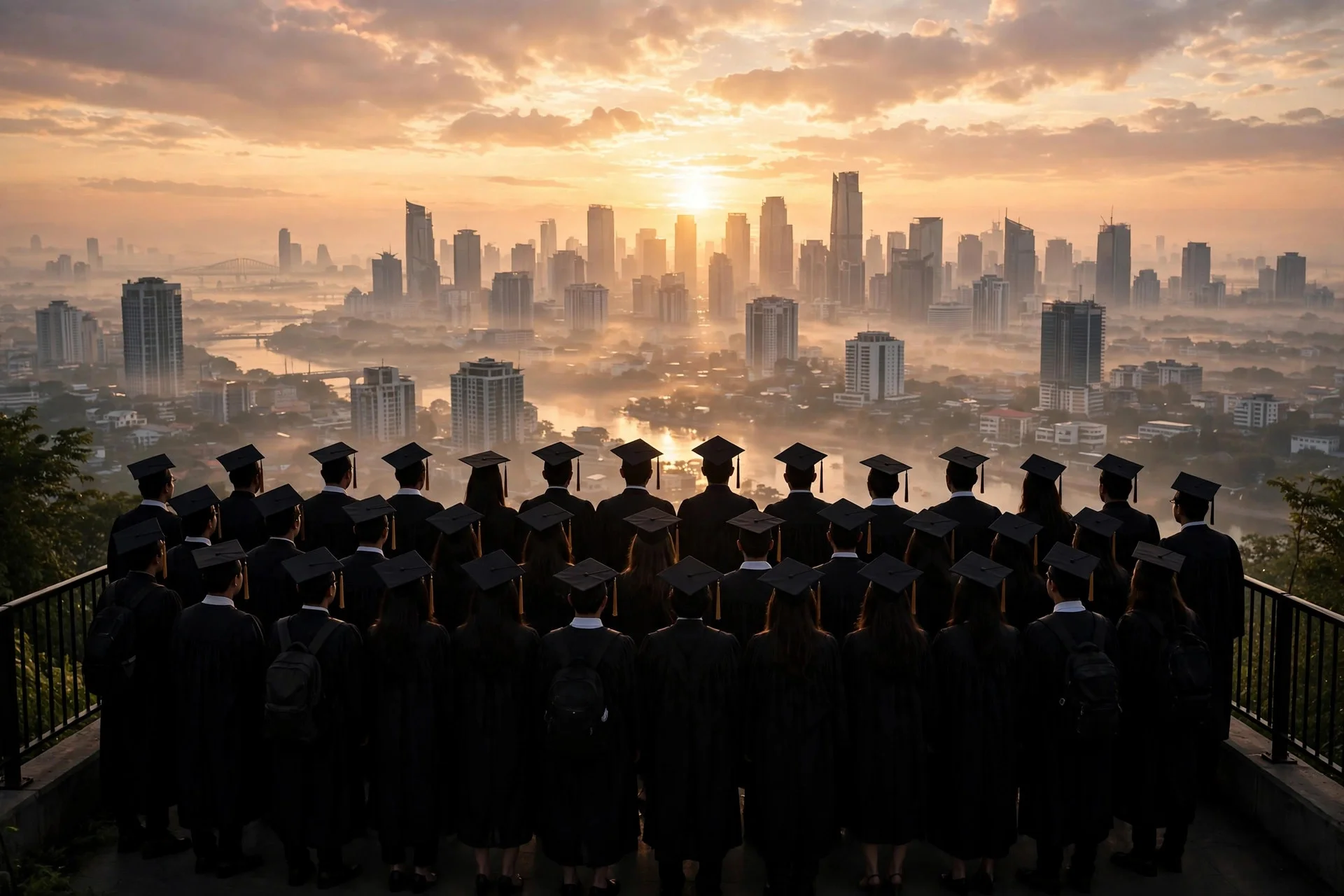 Young graduates in gowns and caps seen from behind, looking toward a city skyline at sunrise